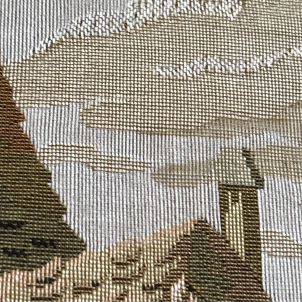 Vintage Woven Tapestry Wall Hanging German Village Scene Wooden Rod  Folk Art